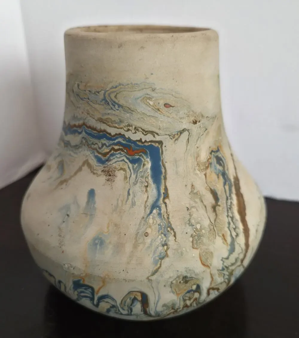 Nemadji Pottery Vase 5 inch Matte Color Swirl Vase Made In USA Blue Brown